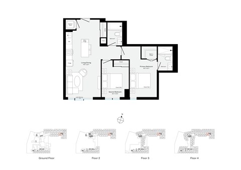 Floor plan for 2 beds, 2 baths, 806 sqft